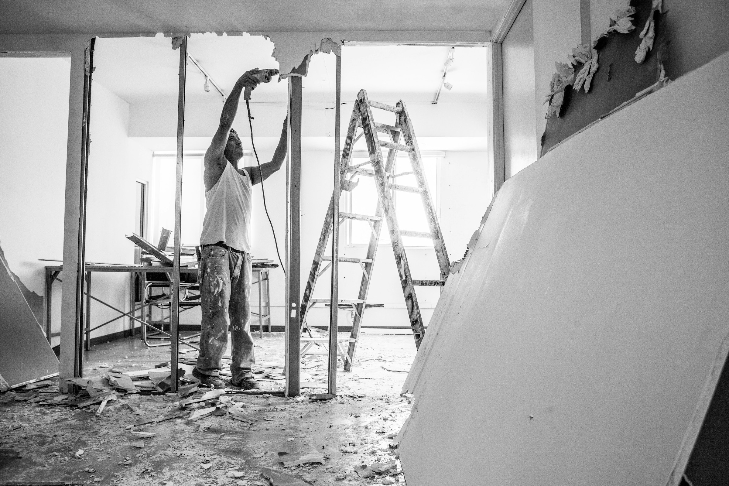 Crew rebuilding a damaged interior